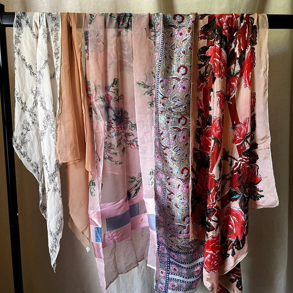 Vintage Scarf Lot 5 Floral Silk‎ & Sheer Scarves Pink Red Square Oblong